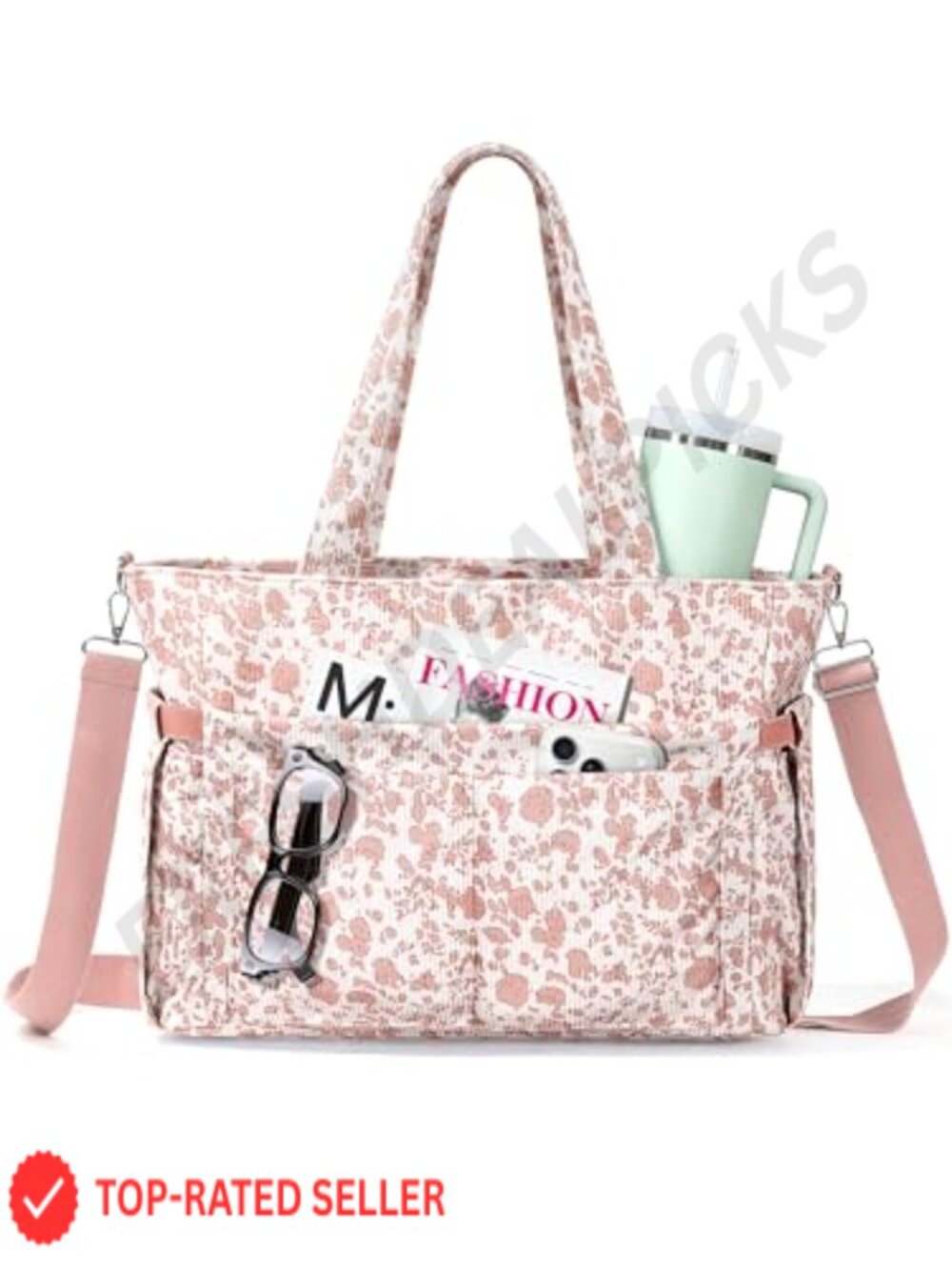 Corduroy Tote Bag with Cup Holder, 17 Pockets, Laptop Work Handbag